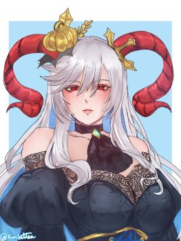 1girl black_dress blue_background border breasts choker commentary dress english_commentary fire_emblem fire_emblem_heroes freyja_(fire_emblem) freyja_(parallel_hearts)_(fire_emblem) frilled_dress frills goat_horns hair_ornament highres horns lace lace-trimmed_dress lace_trim large_breasts long_hair looking_at_viewer nintendo official_alternate_costume red_eyes twitter_username white_border white_hair yumikari07