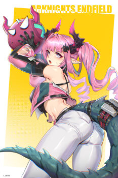 1girl absurdres anger_vein aqua_hair arknights arknights:_endfield ass back bare_shoulders black_gloves blush breasts bright_pupils commentary_request copyright_name crop_top detached_sleeves dragon_girl dragon_horns dragon_tail from_behind gloves gradient_background grey_pants hair_intakes hair_ornament hairpin highres holding horns leaning_forward long_sleeves looking_at_viewer looking_back lunn medium_breasts multicolored_hair open_mouth orb pants pink_hair pointy_ears pouch purple_eyes see-through_clothes see-through_sleeves solo streaked_hair tail tail_strap thick_eyebrows twintails two-tone_hair yellow_background yvonne_(arknights)