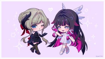 Rule 34 | 2girls, black dress, black gloves, black hair, black shoes, black thighhighs, blue eyes, brown hair, columbina (genshin impact), commentary request, deformed, dress, genshin impact, gloves, hair bun, head wings, highres, korean commentary, multicolored hair, multiple girls, one eye closed, opaal 9026, purple eyes, purple hair, sandrone (genshin impact), shoes, thighhighs, two-tone hair, white dress, white shoes, white wings, wings