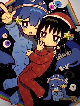 2girls ? blue_eyes blue_hair blue_hat blue_pajamas collared_pajamas dreammode_(vocaloid) eyeball grabbing_another's_shirt hair_ornament hands_on_own_chest hat highres kaai_yuki long_hair low_twintails multiple_girls o3o oh_no_omuo one_eye_closed open_mouth otomachi_una pajamas rainbow red_hat red_pajamas short_twintails single_tear sitting speech_bubble star_(sky) star_(symbol) star_hair_ornament twintails vocaloid