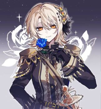 Rule 34 | 1girl, artist request, belt, black belt, black gloves, black jacket, blonde hair, blue flower, blue rose, chinese commentary, closed mouth, commentary request, commission, epaulettes, floral background, flower, gloves, gradient background, grey background, hand up, hasumi leia, holding, holding flower, jacket, long sleeves, looking at viewer, mahou shoujo no majo saiban, rose, sash, second-party source, short hair, shoulder sash, smile, solo, sparkle, upper body, yellow eyes