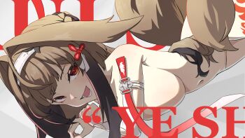 1girl absurdres animal_ears blush breast_press breasts brown_hair elbow_gloves gloves hair_ornament highres kaba_(hama) large_breasts long_hair looking_at_viewer mindscape_cinema_(zenless_zone_zero) nude red_eyes sideboob simple_background smile solo tail white_background ye_shunguang zenless_zone_zero