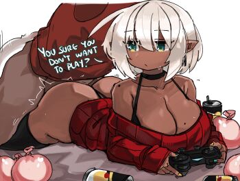 1boy 1girl ahoge aqua_eyes ass black_choker black_thighhighs blue_nails bob_cut breast_rest breasts can choker cleavage commentary condom controller dark-skinned_female dark_skin earrings emotionless_sex english_commentary english_text faceless faceless_male floating_earrings game_controller halterneck hetero highres huge_breasts jewelry kuudere_gyaru_elf_(zana) large_breasts long_sleeves looking_to_the_side lying mole mole_on_breast mole_on_shoulder multiple_condoms nail_polish on_stomach original playing_games pointy_ears prone_bone red_sweater ribbed_sweater sex sex_from_behind short_hair shortstack sleeves_past_wrists sweater thighhighs used_condom white_hair yellow_nails zanamaoria