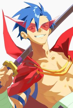 1boy 333takoyaki absurdres bandaged_arm bandages blue_hair cape commentary_request grin highres holding holding_weapon kamina_(ttgl) kamina_shades male_focus over_shoulder red_cape simple_background smile solo sword tengen_toppa_gurren_lagann topless_male triangular_eyewear upper_body weapon weapon_over_shoulder white_background