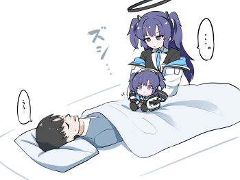 ... 1boy 1girl absurdres black_gloves black_hair black_jacket blanket blue_archive blue_necktie character_doll closed_eyes commentary_request doll expressionless futon gloves halo head_on_pillow highres jacket long_hair lying mosumosues necktie on_back pillow purple_eyes purple_hair sensei_(blue_archive) sleeping spoken_ellipsis two_side_up under_covers yuuka_(blue_archive)