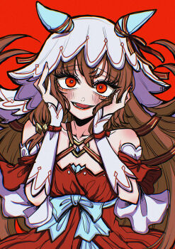 1girl absurdres aegyo_sal animal_ears bare_shoulders blush bow breasts bridal_gauntlets brown_hair collarbone commentary_request dress ear_ribbon floating_hair hair_between_eyes halterneck hands_on_own_face highres long_hair looking_at_viewer medium_breasts multicolored_hair open_mouth red_background red_dress red_eyes red_ribbon ribbon rinren_(chun8chun8chun) simple_background sleeveless sleeveless_dress smile solo still_in_love_(umamusume) umamusume very_long_hair waist_bow white_bow white_bridal_gauntlets white_hair yandere