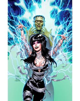 1boy 1girl artist_collaboration artist_name black_bodysuit black_hair blue_eyes bodysuit breasts cleavage colored_skin comic_cover elvira:_mistress_of_the_dark elvira_(elvira:_mistress_of_the_dark) eyeshadow frankenstein's_monster green_skin halloween highres jagdish_kumar john_royle long_hair makeup medium_breasts official_art pillarboxed pink_eyeshadow sebastian_cheng sleeveless sleeveless_bodysuit textless_version