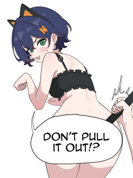 ! 1girl ? @_@ absurdres anal_beads anal_tail animal_ear_hairband animal_ears arutemisu180 back bare_arms bare_legs bare_shoulders belle_(zenless_zone_zero) bikini black_bikini blue_hair blush butt_plug cat_ears cat_girl cat_tail censored fake_animal_ears fake_tail from_behind grabbing_another&#039;s_tail green_eyes hairband highres looking_at_viewer no_panties open_mouth paw_pose pov solo speech_bubble speech_bubble_censor sweat sweatdrop swimsuit tail white_background zenless_zone_zero