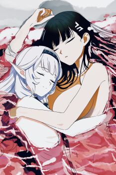 2girls absurdres beach black_hair blue_archive breasts commentary_request hair_ornament headband highres himari_(blue_archive) hug large_breasts long_hair multiple_girls nude partially_submerged pointy_ears red_water rio_(blue_archive) sleeping smile suttanipata water white_hair yuri