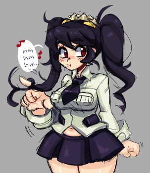 1girl :t alternate_hairstyle blue_hair blush breasts filia_(skullgirls) grey_background large_breasts long_hair looking_to_the_side mercysstrap midriff musical_note navel necktie prehensile_hair red_eyes school_uniform skullgirls solo thighhighs twintails twirling_hair