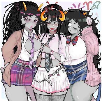 3girls absurdres black_hair breasts colored_skin curvy damara_megido grey_skin gyaru highres homestuck horns kogal large_breasts long_hair medium_breasts meenah_peixes meulin_leijon midriff multiple_girls open_clothes open_shirt pleated_skirt ppurgatori simple_background skirt thick_thighs thighs troll_(homestuck) white_background