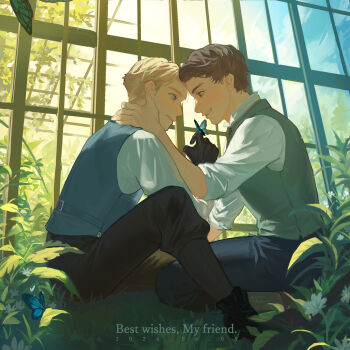 2boys blonde_hair blue_vest brown_hair bug butterfly butterfly_on_hand eye_contact face-to-face gloves green_vest harry_potter_(series) highres hogwarts_legacy insect looking_at_another male_focus multiple_boys protagonist_(hogwarts_legacy) sebastian_sallow short_hair sitting tachi_(tachibana) vest wizarding_world yaoi