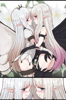 Rule 34 | 2girls, airy (bravely default), anne (bravely second), antenna hair, ass, black gloves, black leotard, black thighhighs, blue eyes, blush, boots, bravely default: brilliant lights, bravely default: flying fairy, bravely default (series), bravely second: end layer, brown eyes, butterfly wings, commission, commissioner upload, face-to-face, fairy, fairy wings, frilled leotard, frills, gloves, gradient hair, gulp5959, hand on another's ass, hand on another's thigh, highres, imminent kiss, insect wings, leotard, long hair, multicolored hair, multiple girls, pink hair, pointy ears, skeb commission, smile, thigh boots, thighhighs, thighs, white gloves, white hair, white leotard, wings, yuri