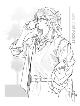 Rule 34 | 1other, androgynous, belt, character name, collared shirt, cup, disposable cup, drinking, glasses, greyscale, hand up, highres, holding, holding cup, jacket, lineart, medicine pocket, medicine pocket (the cosmos photographer), medium hair, monochrome, necktie, nell ro, off shoulder, official alternate costume, pants, reverse:1999, shirt, sweater vest, upper body, white background