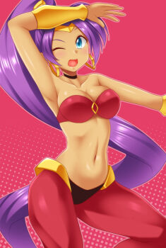Rule 34 | :o, arabian clothes, arm above head, armpits, big hair, black choker, blue eyes, bracer, breasts, choker, cleavage, commentary request, dark-skinned female, dark skin, earrings, genie, harem pants, high ponytail, highres, hoop earrings, jewelry, large breasts, light blush, long hair, midriff, navel, o-ring, o-ring top, one eye closed, pants, pointy ears, ponytail, purple hair, red background, red tube top, shantae, shantae (series), strapless, tiara, tube top, utomo, very long hair
