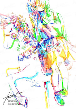 1girl carousel colorful commentary_request dated dutch_angle hair_over_one_eye highres horse long_hair original petals pleated_skirt signature sitting skirt solo watanabe_tomari