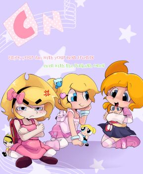 &gt;:( absurdres angry animal_bag armlet bear_hair_ornament black_headband blue_eyes blue_skirt bow bubbles_(ppg) cartoon_network character_doll commentary dee_dee detached_sleeves dexter&#039;s_laboratory doll dress english_commentary english_text frown hair_ornament headband heart heart_hair_ornament highres holding holding_stuffed_toy jewelry jongocheese mandy_(grim_adventures) pink_bow pink_dress pink_shirt pink_shoes pink_skirt powerpuff_girls purple_background rabbit_bag red_bag shirt shoes skirt smile star_(symbol) striped_clothes striped_thighhighs stuffed_animal stuffed_toy the_grim_adventures_of_billy_&amp;_mandy thighhighs v-shaped_eyebrows