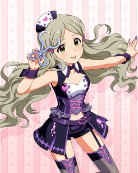 1girl belt breasts card_(medium) cleavage concept_take_care_(idolmaster) corset frills garter_straps green_eyes green_hair handa_roco hat heart holding idolmaster idolmaster_million_live! idolmaster_million_live!_theater_days mini_hat nail_polish official_art short_shorts shorts solo splatter star_(symbol) thighhighs tongue tongue_out tools wrist_cuffs
