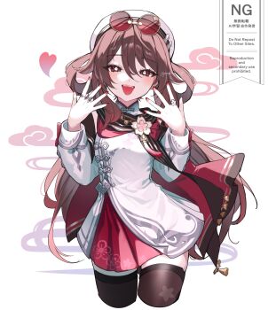 1girl absurdres artist_name blush brown_hair chinese_clothes commentary_request cropped_legs dress eyewear_on_head flower-shaped_pupils genshin_impact hair_between_eyes hair_rings hands_up hat heart highres hu_tao_(cherries_snow-laden)_(genshin_impact) hu_tao_(genshin_impact) long_hair long_sleeves looking_at_viewer multicolored_dress official_alternate_costume open_mouth pankou pudding_15 red-tinted_eyewear red_dress red_eyes red_nails round_eyewear simple_background skindentation solo symbol-shaped_pupils thighhighs tinted_eyewear twintails watermark white_background white_dress white_hat zettai_ryouiki