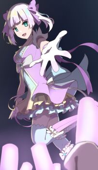 1girl :d aqua_eyes black_background blue_thighhighs blunt_bangs blurry blurry_foreground boots bow breasts choker covered_navel cross-laced_clothes depth_of_field dress feet_out_of_frame frilled_dress frills gloves glowstick green_eyes hair_bow heaven_burns_red highres idol idol_clothes knee_boots lace-up_boots layered_dress leg_up looking_at_viewer medium_breasts open_mouth outstretched_arm phant0m pink_bow pink_dress pink_hair purple_bow purple_ribbon reaching reaching_towards_viewer ribbon short_sleeves skirt smile solo standing standing_on_one_leg sugawara_chie thighhighs thighhighs_under_boots twintails white_bow white_gloves white_hair white_thighhighs yellow_dress