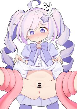 1girl ? ?? @_@ absurdres ahoge anus bar_censor blue_archive blush bow bowtie censored chinese_commentary clothes_lift commentary_request dress dress_lift drill_hair hair_ornament highres loli long_hair navel official_alternate_costume platinum-mix puffy_short_sleeves puffy_sleeves purple_eyes purple_hair pussy reisa_(blue_archive) reisa_(magical)_(blue_archive) short_sleeves simple_background solo spread_legs star_(symbol) star_hair_ornament tentacles twintails variant_set white_background