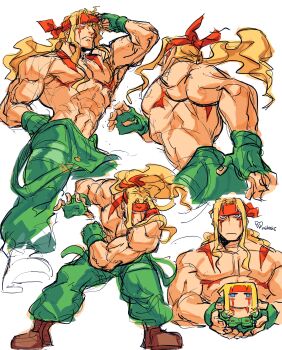 Rule 34 | 1boy, abs, absurdres, alex (street fighter), arms up, blonde hair, blue eyes, character doll, closed mouth, commentary, doll, english commentary, fingerless gloves, frown, gloves, green gloves, headband, highres, holding, lemon1034, long hair, multiple views, muscular, muscular male, pectorals, ponytail, red headband, simple background, sketch, street fighter, street fighter iii (series), topless male, unfinished, wavy hair, white background