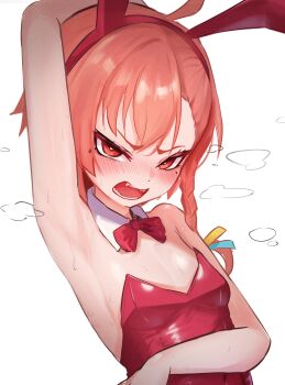 1girl absurdres angry animal_ears arm_under_breasts arm_up armpits asymmetrical_bangs bare_shoulders blue_archive blush bow bowtie braid bright_pupils commentary detached_collar english_commentary facing_down fake_animal_ears flat_chest furrowed_brow highres latex latex_leotard leaning_back leotard looking_at_another mole mole_under_eye neru_(blue_archive) neru_(bunny)_(blue_archive) official_alternate_costume orange_hair oversized_breast_cup playboy_bunny presenting_own_armpit rabbit_ears red_bow red_bowtie red_eyes red_leotard shiny_clothes short_hair single_braided_sidelock solo steaming_body sweat upper_body white_pupils yuku_7217