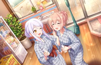 2girls closed_eyes eve_santaclaus game_cg holding idolmaster idolmaster_cinderella_girls idolmaster_cinderella_girls_starlight_stage innocent_drops_(idolmaster) japanese_clothes kimono leaf multiple_girls official_art one_eye_closed orange_eyes pink_hair plant potted_plant saionji_kotoka sink sparkle white_hair