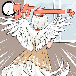 Rule 34 | 1girl, bird tail, bird wings, classroom, clock, commentary request, dress, emphasis lines, from behind, indoors, multicolored hair, niwatari kutaka, open window, orange dress, red hair, short hair, solo, standing, tail, touhou, translation request, two-tone hair, wall clock, white hair, white wings, window, wings, yudepii