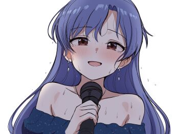1girl bare_shoulders blue_hair blush brown_eyes commentary_request earrings highres holding holding_microphone idolmaster idolmaster_(classic) jewelry kisaragi_chihaya kisaragi_chihaya_(oathone) long_hair looking_at_viewer microphone milliani official_alternate_costume open_mouth portrait simple_background smile solo sweat variant_set white_background