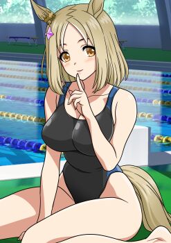 1girl absurdres animal_ears black_one-piece_swimsuit blonde_hair breasts commentary_request competition_swimsuit ear_ornament finger_to_mouth highleg highleg_one-piece_swimsuit highres horse_ears horse_girl horse_tail index_finger_raised lane_line looking_at_viewer medium_breasts narita_top_road_(umamusume) one-piece_swimsuit pool poolside short_hair sitting solo swimsuit tail umamusume wariza yuuyuu_(3jjbn)