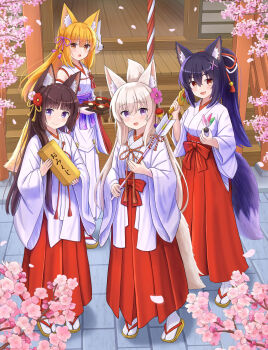 4girls :d absurdres animal_ear_fluff animal_ears arrow_(projectile) blonde_hair bowl branch brown_eyes brown_hair brown_sandals cat_ears closed_mouth clothing_cutout commentary_request fang flower food fox_ears fox_girl fox_tail hagoita hair_flower hair_ornament hairclip hakama hakama_skirt hamaya hane_(hanetsuki) highres hip_vent holding holding_arrow holding_paddle holding_tray iroha_(iroha_matsurika) japanese_clothes kimono kohaku_(iroha_(iroha_matsurika)) koyoi_(iroha_(iroha_matsurika)) kunoichi-chan_(iroha_(iroha_matsurika)) long_hair long_sleeves miko multiple_girls mutsuki_(iroha_(iroha_matsurika)) open_mouth original paddle petals pink_flower ponytail purple_flower purple_hair red_flower red_hakama sandals skirt smile socks stairs steam tabi tail tray very_long_hair white_kimono white_socks wide_sleeves wolf_ears wolf_girl wolf_tail x_hair_ornament zouri