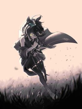 1girl ahoge alternate_hair_length alternate_hairstyle animal_ears black_coat black_gloves black_hair black_pantyhose black_shirt black_skirt borrowed_design bramoncrepe breasts coat collared_shirt ear_tag earrings glove_in_mouth gloves glowing glowing_eyes grass hair_between_eyes highres horse_ears horse_girl horse_tail jewelry long_bangs long_hair long_hair_between_eyes long_sleeves looking_at_viewer manhattan_cafe_(creeping_black)_(umamusume) manhattan_cafe_(umamusume) mouth_hold multicolored_hair necktie pantyhose shirt single_earring skirt sleeveless sleeveless_shirt small_breasts solo tail umamusume very_long_hair white_hair yellow_eyes yellow_necktie