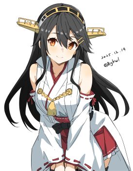 Rule 34 | 1girl, absurdres, bare shoulders, bigkwl, black hair, black thighhighs, blush, brown eyes, closed mouth, commentary, cowboy shot, dated, dated commentary, detached sleeves, double-parted bangs, frilled skirt, frills, hair between eyes, hair ornament, hairclip, hakama, hakama short skirt, hakama skirt, haruna (kancolle), haruna kai ni (kancolle), headgear, highres, japanese clothes, kantai collection, kimono, long hair, long sleeves, looking at viewer, nontraditional miko, one-hour drawing challenge, parallel hairclips, ribbon-trimmed sleeves, ribbon trim, simple background, skirt, sleeveless, sleeveless kimono, smile, solo, thighhighs, twitter username, white background, white kimono, white sleeves, wide sleeves, zettai ryouiki