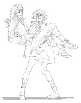 1boy 1girl abaddon_(haunted_hotel) blender_(object) carrying coat esther_freeling full_body greyscale haunted_hotel highres long_hair looking_at_another monochrome princess_carry rickorty_08 simple_background sweat white_background