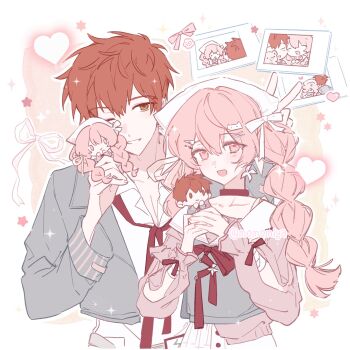 1girl blush breasts chibi commentary couple emiya_shirou english_commentary fate/stay_night fate_(series) formal_clothes gaoyue_jixiang grey_suit groom highres jacket long_hair long_sleeves momomiya_shizuku_(gaoyue_jixiang) oc_x_canon open_mouth orange_hair original pastels photo_(object) pink_eyes pink_hair polaroid_photo print_ribbon red_hair ribbon simple_background smile suit