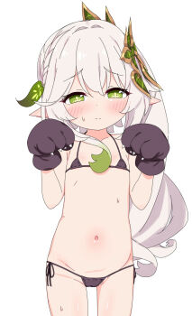 1girl animal_hands azbchan1221 bikini black_bikini blush genshin_impact gloves green_eyes highres loli long_hair micro_bikini nahida_(genshin_impact) navel paw_gloves pointy_ears side-tie_bikini_bottom simple_background solo swimsuit white_hair
