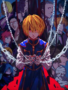 Rule 34 | 3girls, 6+boys, angry, black eyes, black hair, blonde hair, bonolenov ndongo, chain, chrollo lucilfer, cross tattoo, eyeball, eyes in shadow, feet out of frame, feitan portor, franklin bordeau, furious, glasses, highres, holding, holding eyeball, hunter x hunter, korutopi, kurapika, long sleeves, machi komacine, male focus, multiple boys, multiple girls, nobunaga hazama, pakunoda, phinks magcub, red eyes, scar, shalnark, shirt, shizuku murasaki, short hair, sideways glance, skull print, smile, tattoo, uvogin, white shirt, wide-eyed