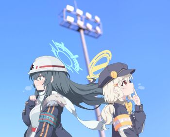 Rule 34 | 2 pycat, 2girls, aoba (blue archive), armband, blonde hair, blue archive, blue hat, blue jacket, green armband, green eyes, green hair, green halo, halo, hat, helmet, highres, jacket, minori (blue archive), multiple girls, red eyes, white helmet, yellow armband, yellow halo