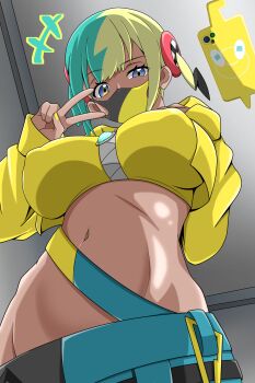 absurdres bandana bandeau breasts canari_(pokemon) gen_4_pokemon highres large_breasts looking_at_viewer mask multicolored_hair multicolored_mask multicolored_pants navel nintendo pants pokemon pokemon_legends:_z-a rotom rotom_phone short_hair takaiwaeitoku twintails two-tone_mask two-tone_pants v yellow_bandana yellow_nails zipper