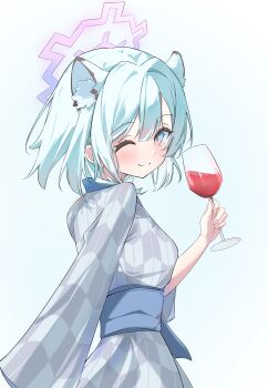 1girl ;) absurdres alcohol animal_ear_fluff animal_ears aqua_hair blue_archive blush commentary cup drinking_glass english_commentary extra_ears halo highres holding holding_cup looking_at_viewer looking_to_the_side official_alternate_costume one_eye_closed rabi9 shigure_(blue_archive) shigure_(hot_spring)_(blue_archive) short_hair simple_background smile solo weasel_ears white_background wine wine_glass yagasuri