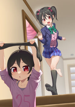 1boy 1girl absurdres barefoot black_hair black_socks blush brother_and_sister feet highres long_hair love_live! open_mouth red_eyes siblings socks toes twintails unworn_socks yazawa_cotaro yazawa_nico yzlkun