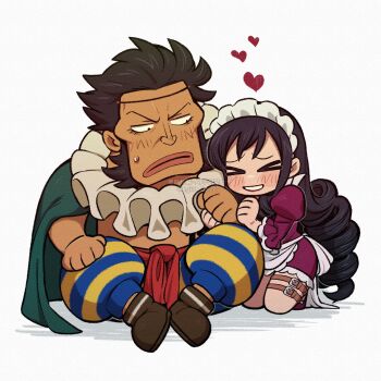 Rule 34 | > <, 1boy, 1girl, absurdres, apron, arm hug, artist name, baby 5, belt, black hair, blue pants, blush, brown shoes, cape, chibi, closed eyes, closed mouth, commentary request, dress, drill hair, drill sidelocks, frilled sleeves, frills, green cape, grin, heart, high heels, highres, juliet sleeves, kageimo, kneeling, long hair, long sleeves, looking at another, maid headdress, one piece, pants, puffy sleeves, purple dress, purple shoes, raised eyebrows, red sash, sai (one piece), sash, shoes, short hair, sideburns, sidelocks, simple background, sitting, smile, striped clothes, striped pants, sweatdrop, teeth, thigh belt, thigh strap, three-quarter sleeves, twitter username, two-tone pants, v-shaped eyebrows, very long hair, waist apron, watermark, white apron, white background, yellow pants