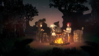 3girls ange_katrina anime_screenshot ankle_boots artist_request backpack bag black_boots black_coat black_hat black_pantyhose black_sky blue_hair blunt_bangs boots bowl brown_hair campfire closed_eyes coat cooking_pot covering_own_mouth evening gradient_sky grey_coat group_picture hair_ornament hand_over_own_mouth hat highres holding holding_bowl holding_spoon inui_toko laughing lize_helesta long_hair multicolored_hair multiple_girls nijisanji official_alternate_costume official_art orange_sky outdoors page_of_lambda pantyhose red_hair sanbaka_(nijisanji) second-party_source short_hair sitting sky spoon star_(sky) starry_sky streaked_hair suitcase tree two-tone_hair very_long_hair virtual_youtuber white_hair