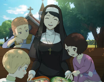 Rule 34 | 2boys, 2girls, absurdres, black clover, black clover m: rise of the wizard king, black dress, black hair, blonde hair, blue eyes, blue sky, blush stickers, book, brown eyes, brown hair, church, closed eyes, cross, cross necklace, day, dress, highres, jewelry, lily aquaria, multiple boys, multiple girls, nash (black clover), necklace, non-web source, nun, nun headdress, official art, open book, open mouth, outdoors, pink shirt, shirt, sky, teeth, traditional nun, tree, upper teeth only