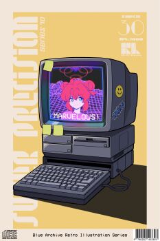 1990s_(style) absurdres ahoge blue_archive blue_eyes breasts commentary_request computer computer_keyboard computer_tower crt double-parted_bangs double_bun english_text hair_between_eyes hair_bun halo highres hrna looking_at_viewer maki_(blue_archive) medium_breasts mixed-language_commentary monitor pink_shirt red_hair red_halo retro_artstyle shirt sidelocks smile smiley_face sticker synthwave t-shirt two_side_up upper_body