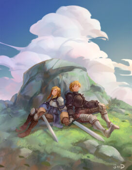 1boy 1girl agrias_oaks ahmad_said armor armored_boots black_armor boots breastplate brown_boots brown_gloves brown_pants cloud commentary day english_commentary final_fantasy final_fantasy_tactics gloves grass highres holding holding_hands holding_sword holding_weapon long_hair long_sleeves looking_up pants pauldrons ramza_beoulve rock short_hair shoulder_armor signature sitting sky sword weapon yellow_eyes