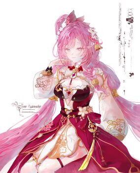 1girl bell breasts chinese_clothes cleavage commission diamond-shaped_pupils diamond_(shape) dress elf elysia_(herrscher_of_human:_ego)_(honkai_impact) elysia_(honkai_impact) elysia_(peachy_spring)_(honkai_impact) flower hair_bell hair_flower hair_ornament hashtag-only_commentary highres honkai_(series) honkai_impact_3rd large_breasts long_hair looking_at_viewer official_alternate_costume pink_hair pointy_ears purple_eyes red_dress simple_background smile solo symbol-shaped_pupils very_long_hair white_background yu_yujin