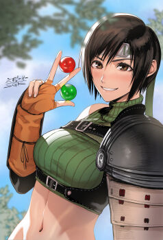 1girl black_hair breasts brown_eyes crop_top cropped_sweater final_fantasy final_fantasy_vii fingerless_gloves forehead_protector gloves green_sweater headband highres looking_at_viewer materia medium_breasts midriff sgk short_hair single_shoulder_pad sleeveless sleeveless_sweater sleeveless_turtleneck smile solo sweater turtleneck yuffie_kisaragi