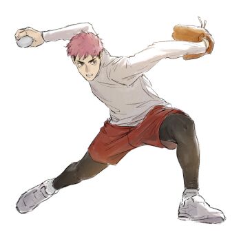 1boy artbyshinji ball baseball_(object) baseball_glove black_hair black_pantyhose closed_mouth commentary_request full_body highres itadori_yuuji jujutsu_kaisen long_sleeves male_focus pantyhose pink_hair red_shorts shirt shoes shorts simple_background solo teeth undercut white_background white_shirt white_shoes
